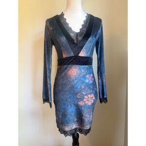 Blue Floral Paisley Lace Velvet y2k Long Sleeve Mini Dress s boho whimsi fairy